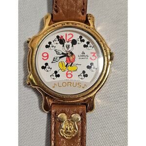 VTG Lorus Disney Gold Tone Mickey Mouse Faces Women's Watch Leather - Untested